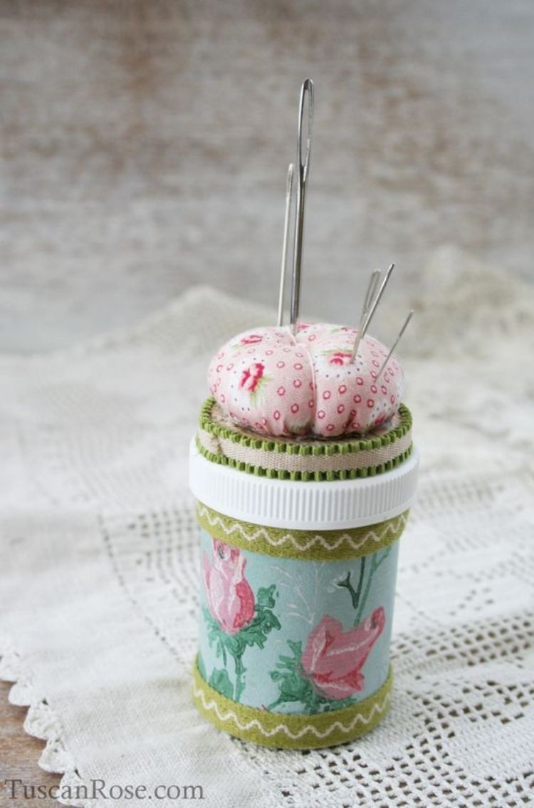 Pink and Green Crafty Pill Bottle with Pink Pin Cushion Lid
