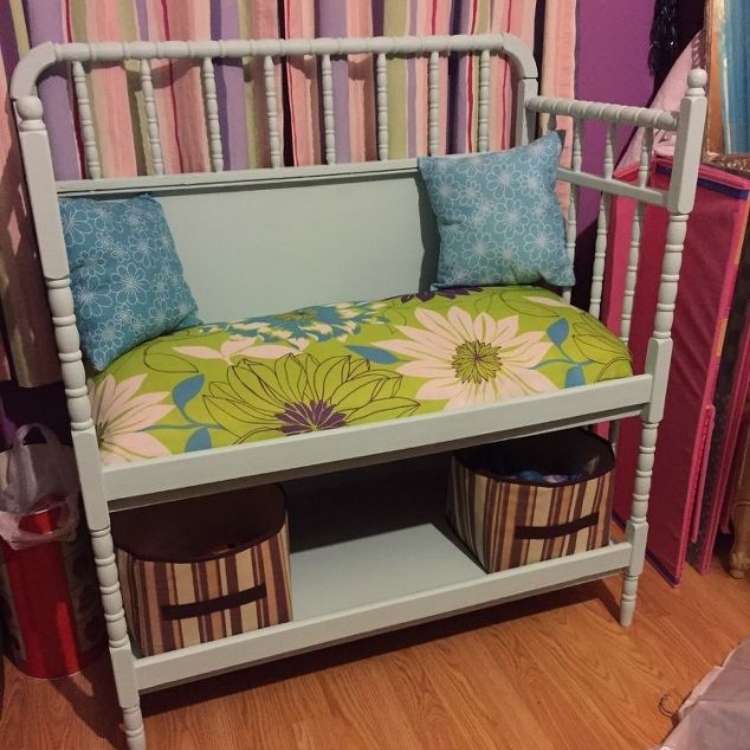 Repurposed changing tables into nifty book bench