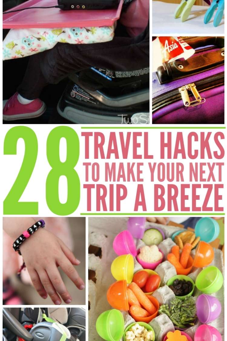 28 Travel Tips to make your next trip more fun, photo collage with child in car seat and tray on lap, toothbrushes propped up with plastic clothespins, finger foods inside plastic eggshells, sippy cup strapped to side of car seat.