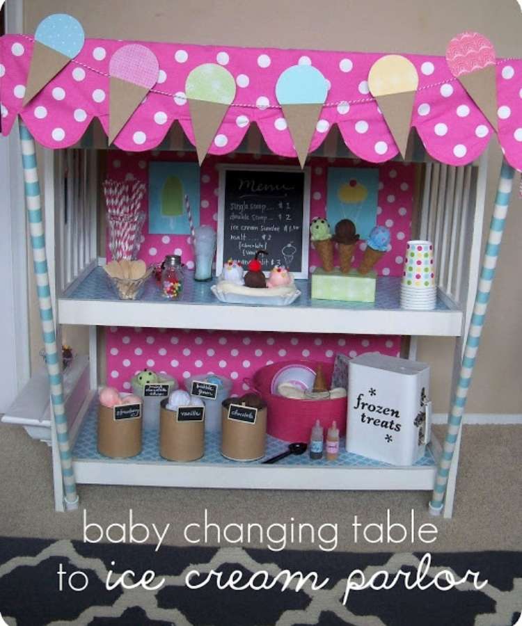 Repurposed changing tables into colorful ice cream parlor with straws and felt ice cream comes, pom pom sprinkles, wooden spoons and yarn ice cream.