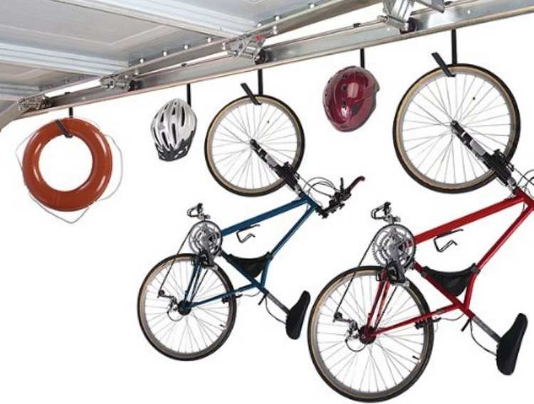 Garage Bike Rack- Bikes and helmets hanging from racks