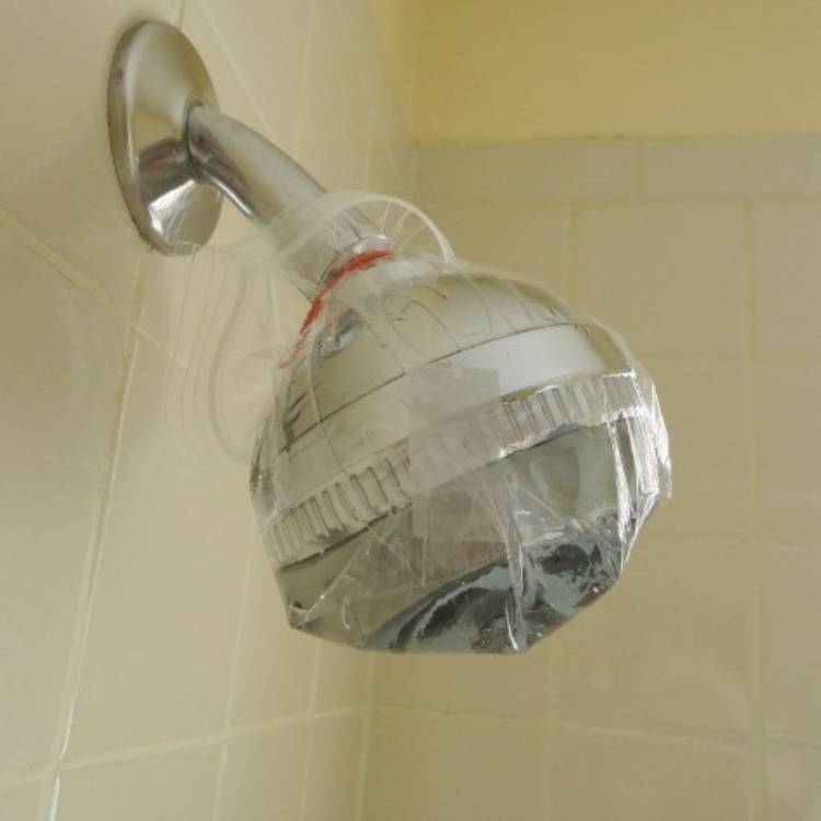 bathroom shower head cleaning hack, shower head soaked in vinegar