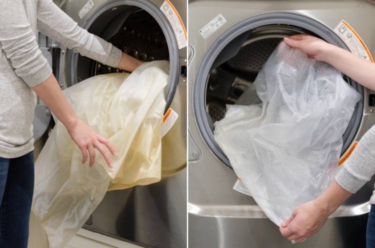 plastic shower curtain washed in a washing machine 