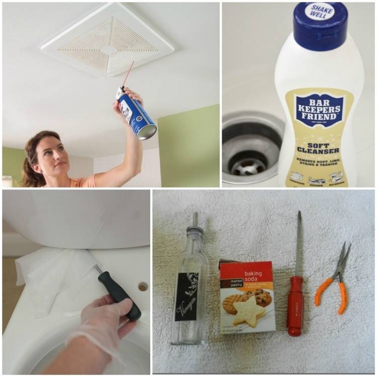 woman cleaning the exhaust fan with a can of air, bar keeper's friend cleanser bottle, cleaning under the toilet tank with a screwdriver and wipes, vinegar, baking soda, screwdriver, long nose pliers for cleaning drains