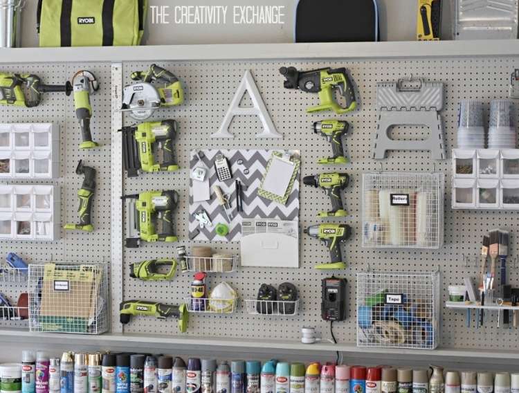 Pegboard: Garage tools- saw, drill, drill bits, stepping stool, and hammer
