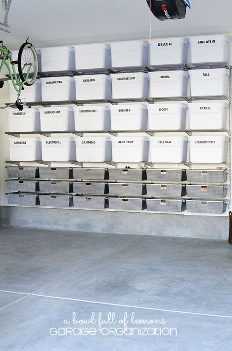 Storage Bins- white and clear deep storage bins with labels