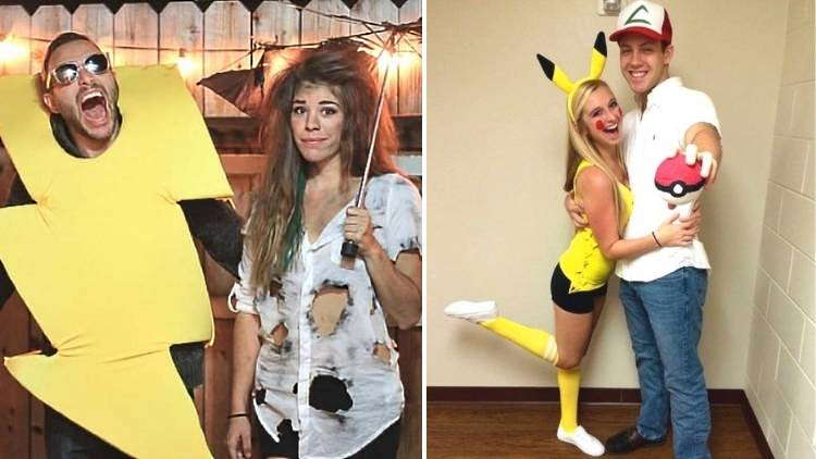 17 DIY Easy Couples Costumes For a Screaming Good Time = lightening bolt and girl hit by lightening, and Pikachu & Ash (a Pokemon trainer)