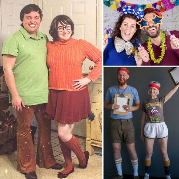17 DIY Easy Couples Costumes For a Screaming Good Time - Shaggy & Velma (Scooby Doo), New Year's Eve party couple, and summer camp counselors