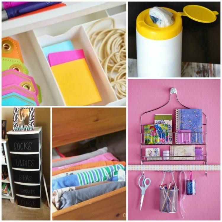 College of desk drawer organizers, plastic bag storage using wipe container, painted plastic drawers, tshirt storage, wire shower caddy supply organizer