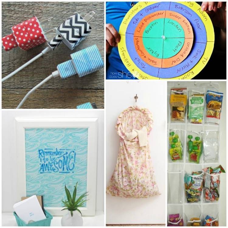 college of washi tape cell phone chargers, chore chart, DIY dry erase board, hanging laundry bag, over the door shoe organizer