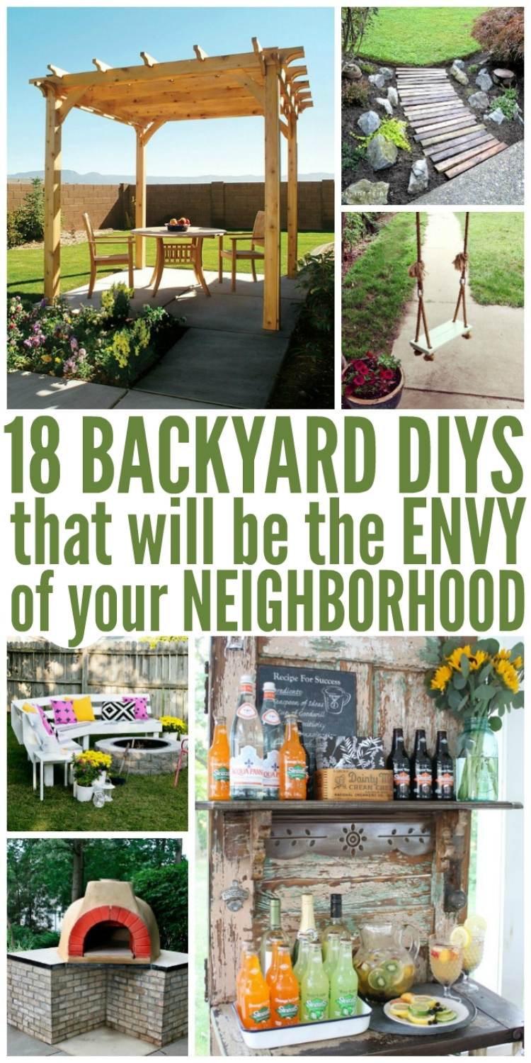 18 Backyard DIY ideas - collage with pergola, beverage bar, rope swing, fire pit seating