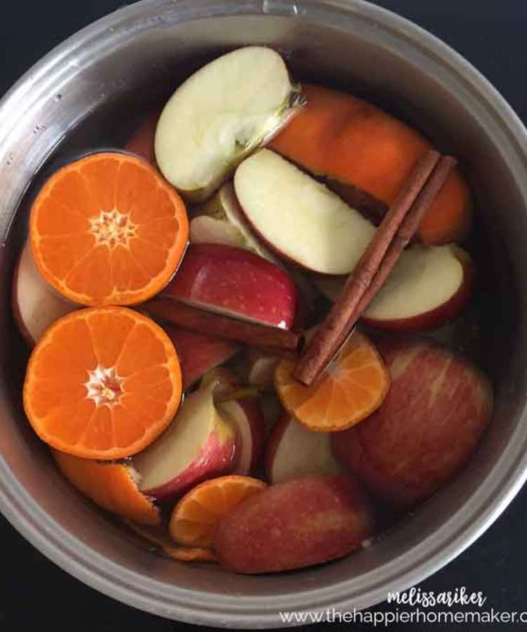 oranges, apples, cinnamon simmering in pot