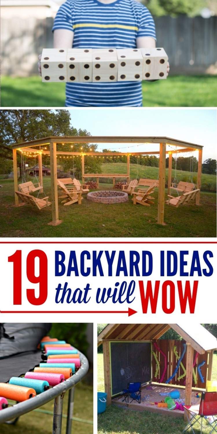 Backyard ideas - collage boy holding wooden dice, wood pergoal with fire pit, trampoline spring covers, sandbox shed