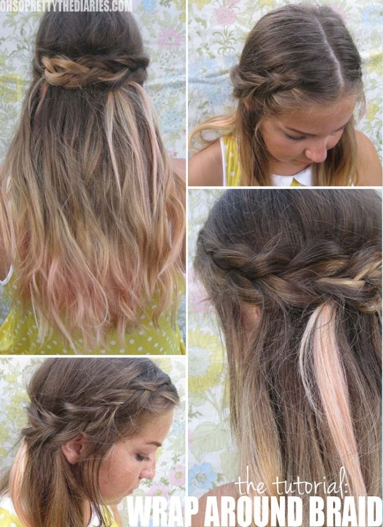 Simple half-up hairstyle collage of braid around crown