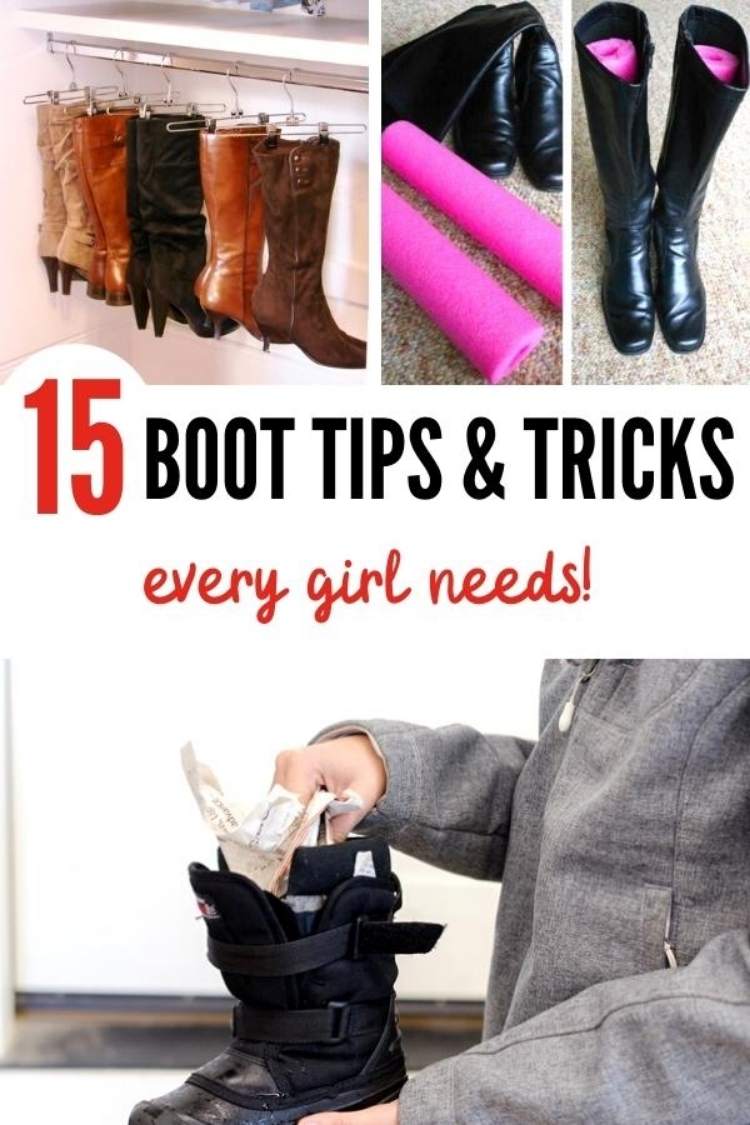 Boot tips and tricks collage, hanging boots, pool noodles in boots, drying wet boots