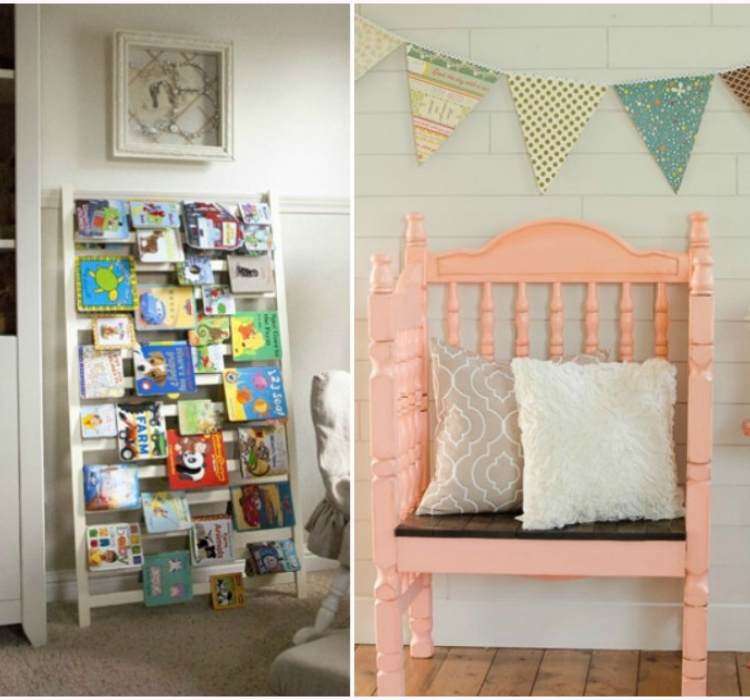 Collage of crib being repurposed as a bookshelf and a bench