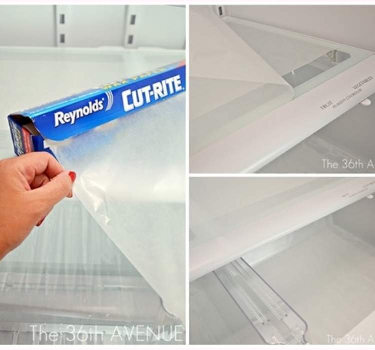 Collage of wax paper being used as refrigerator shelf liner