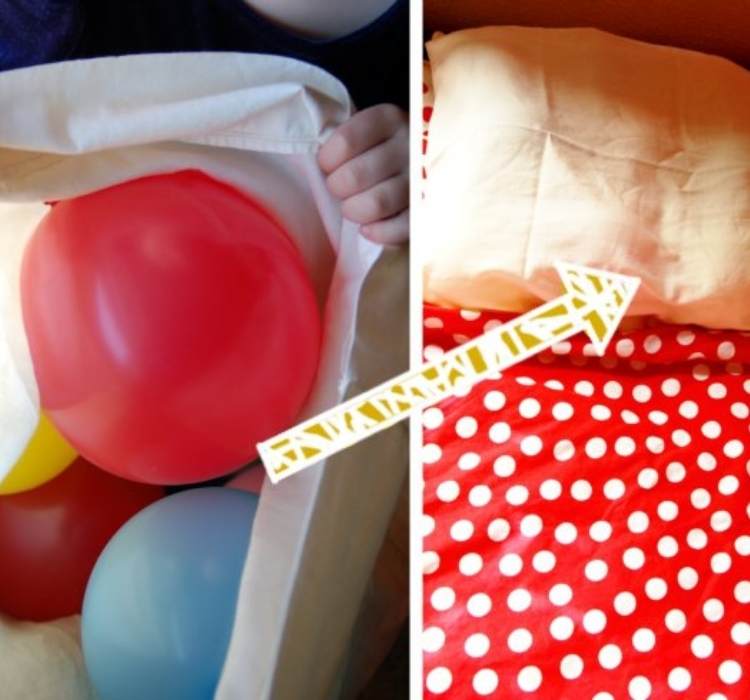 Birthday Prank- picture of a pillow case stuffed with balloons