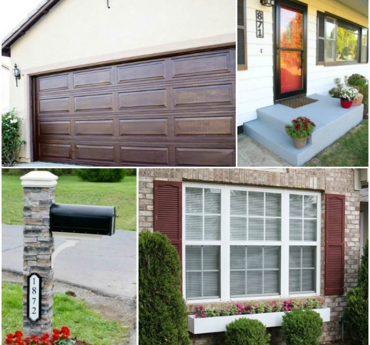 Collage of DIY home projects, redone garage door, concrete porch, updated mailbox, and window flower box