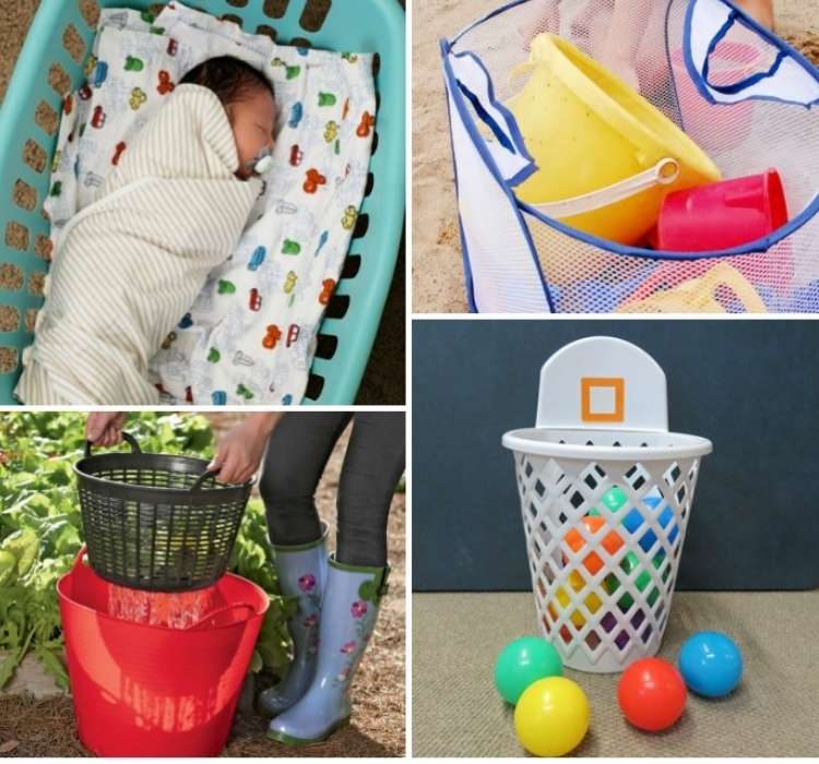 Laundry Basket Idea Collage- Baby bed with laundry basket, basketball hoop, colander, and mesh laundry basket for beach toy storage