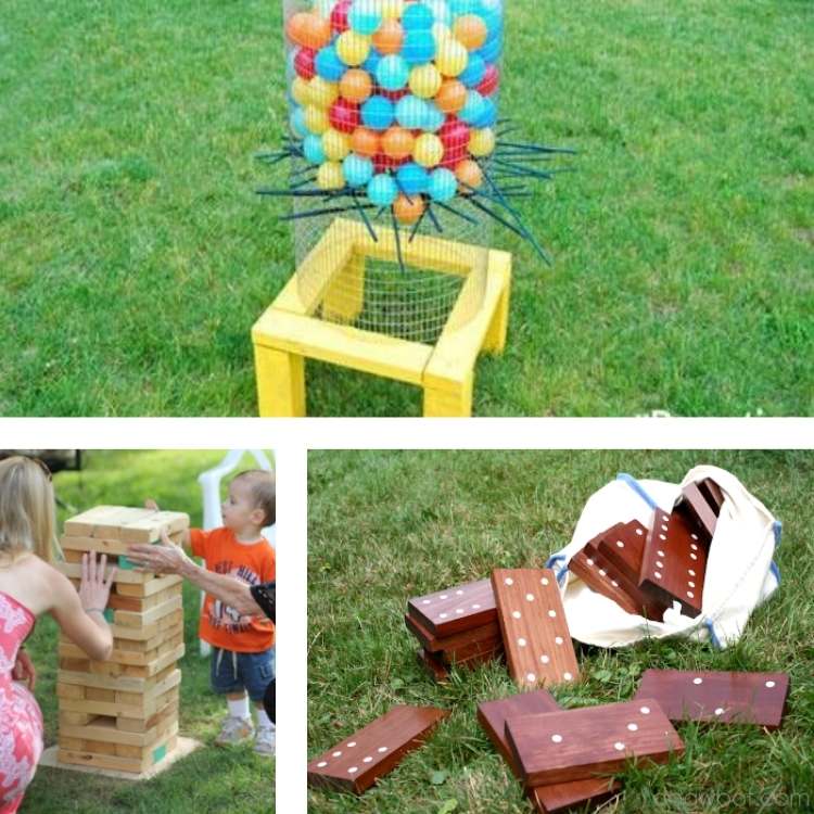 backyard ideas: collage of pictures showing jenga, dominos,