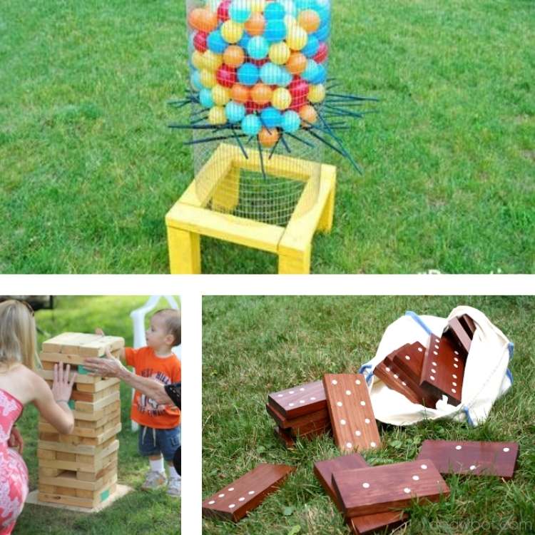 backyard ideas: collage of pictures showing jenga, dominos, 