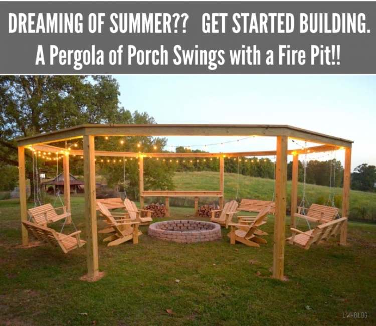 Backyard ideas: pergola with swings all around the outside and a fire pit in the middle