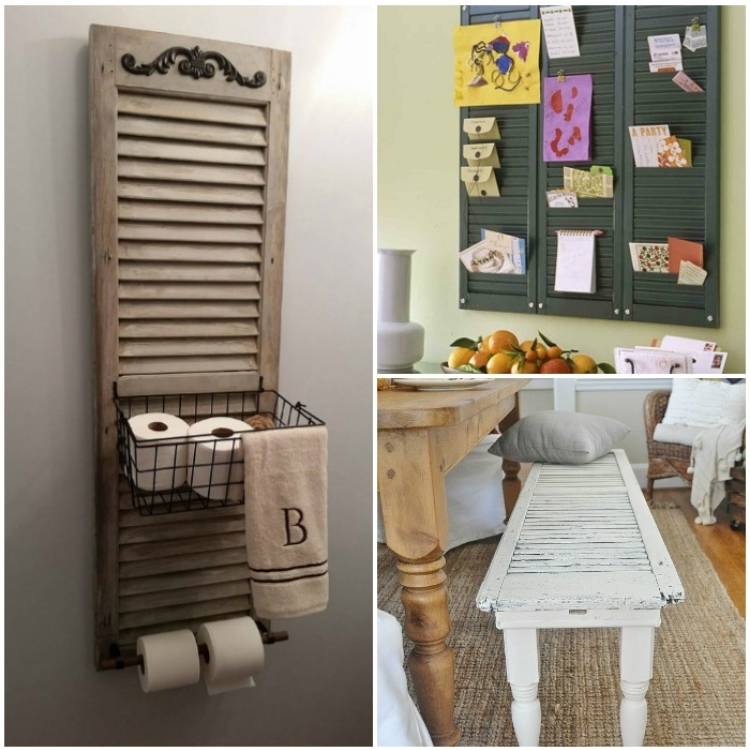 Collage of shutter project ideas - bathroom caddie, bench, command center