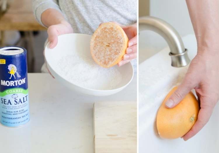 Cleaning tub with grapefruit dipped in salt