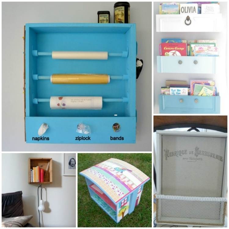 Reuse old drawers collage - bookshelf, bookcase, sandwich stations, 