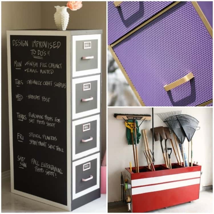 3-photo collage - grey cabinet with a made over chalkboard side, plastic light diffuser file cabinet makeover, and a make over garage storage containing various tools