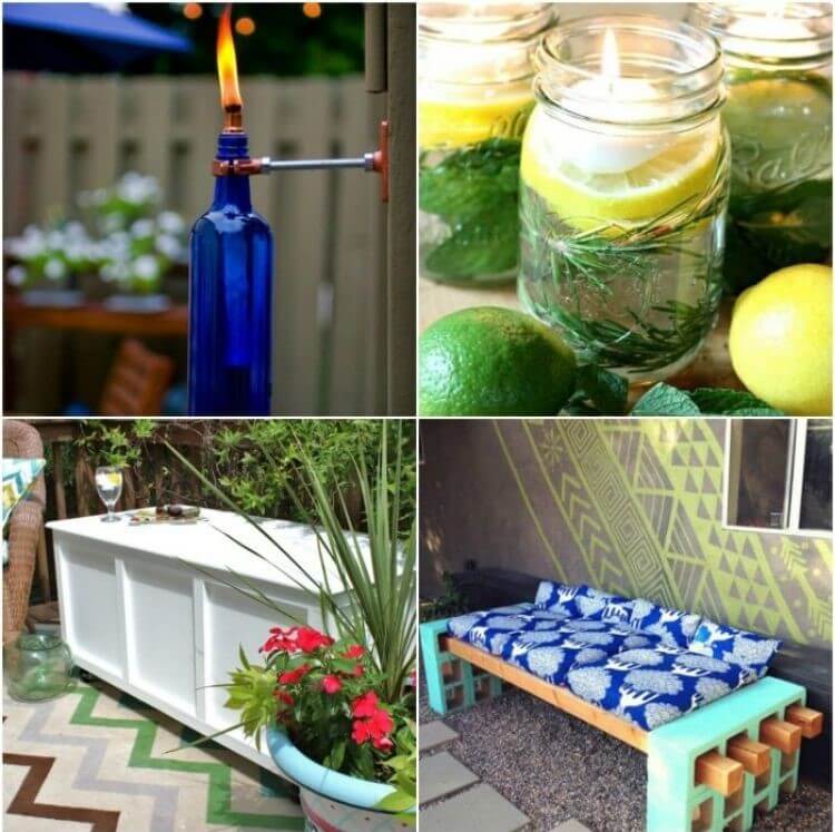 Patio DIY Ideas Collage - citronella mason jar floating candles, wine bottle tiki torches, wooden storage box, and concrete blocks with wood posts and cushions for outdoor seating