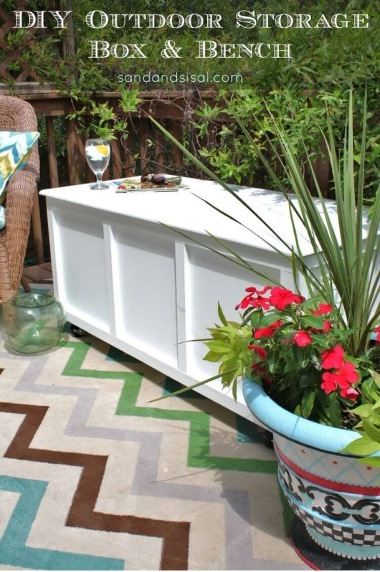 DIY wooden storage box that can be used as a bench and side table - patio diy ideas