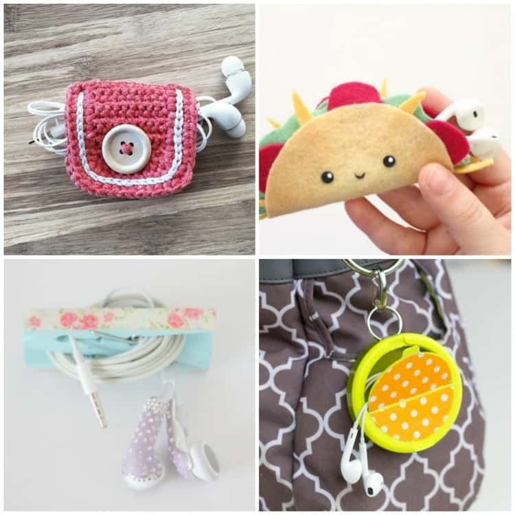 4-photo collage - DIY crocheted earbuds holder, taco-shaped earbuds holder, clothespins earbuds holder, and old mints earbud case. 