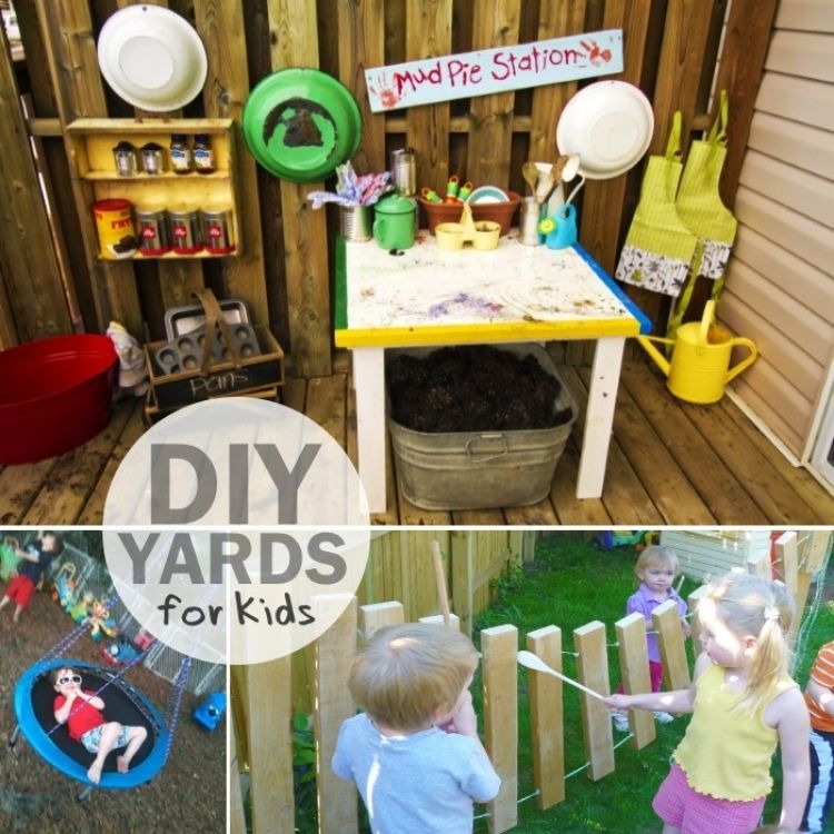 Collage of images - mud pie station, trampoline swing, wooden xylophone