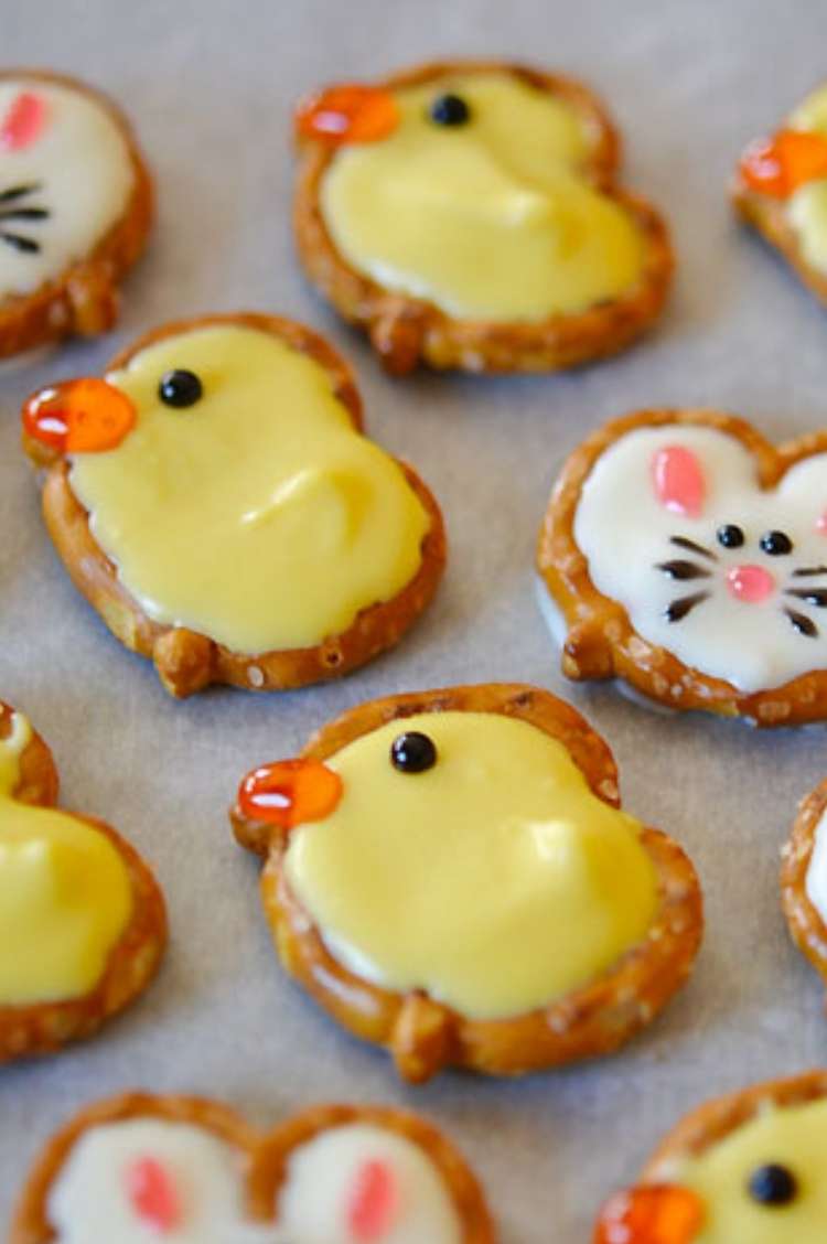 round pretzels with yellow or white icing to create easter chicks or bunnies