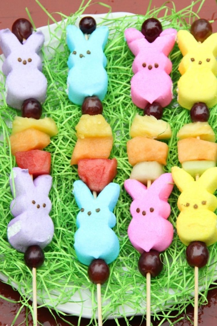 Easter Peep Bunnies combined on a skew rod with pieces of fruit to make kabobs