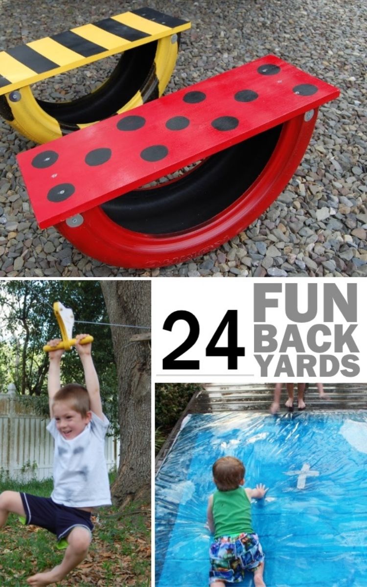 Backyard Fun -Collage of rocker boards made of tires, zipline and sensory water mat
