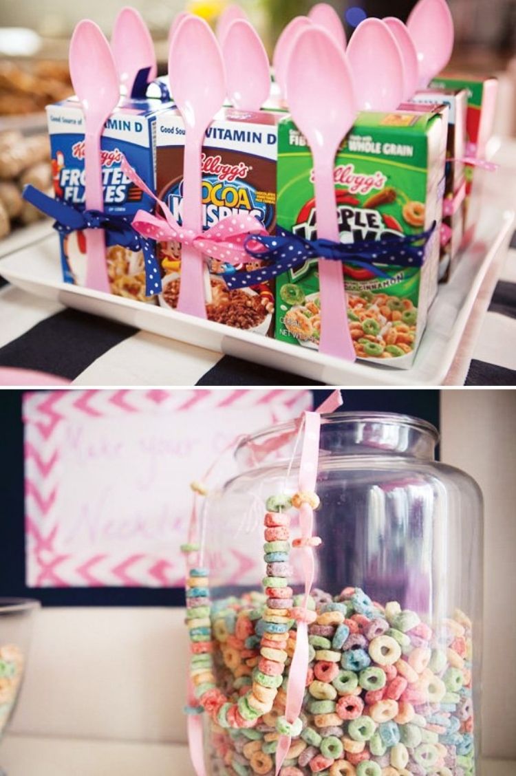 collage of mini cereal boxes decorated with ribbon and spoons to make slumber party breakfast easy, cereal necklaces made from cereal