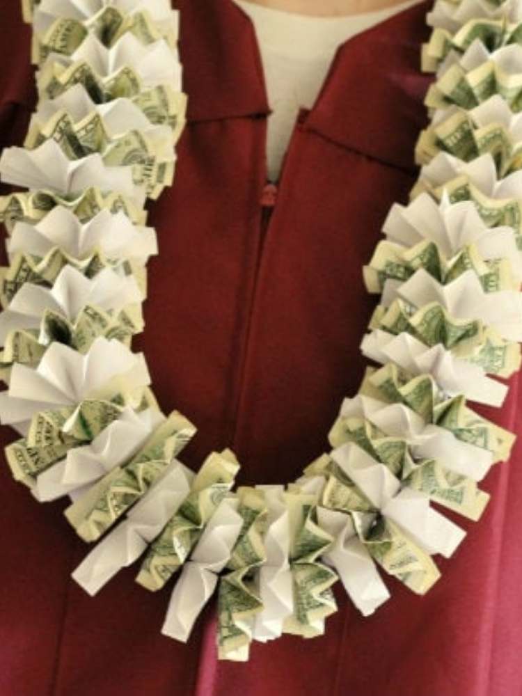 Fun and creative money gift ideas- money made into a lei for a tropical theme gift