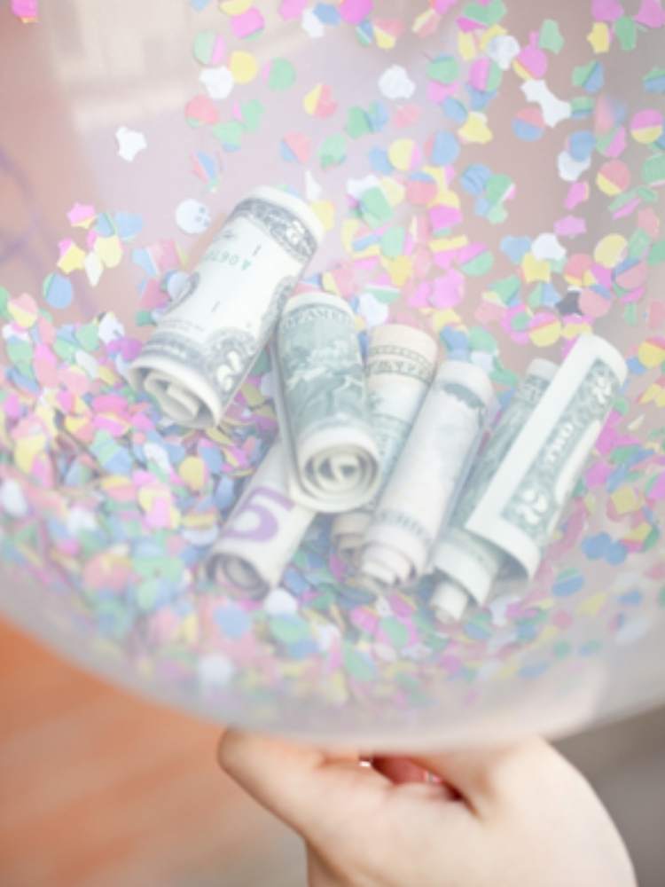 Fun Birthday Prank ideas- picture of balloon filled with money and glitter