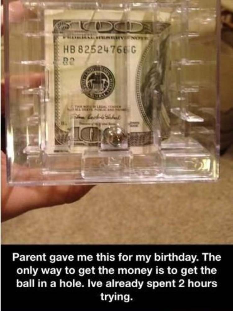 Fun Birthday Prank ideas- picture of 100 dollar bill in a puzzle maze 