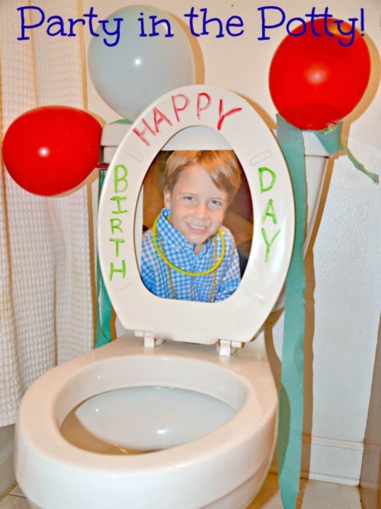 Fun Birthday Prank Ideas- picture of toilet with balloons and Happy Birthday written on it