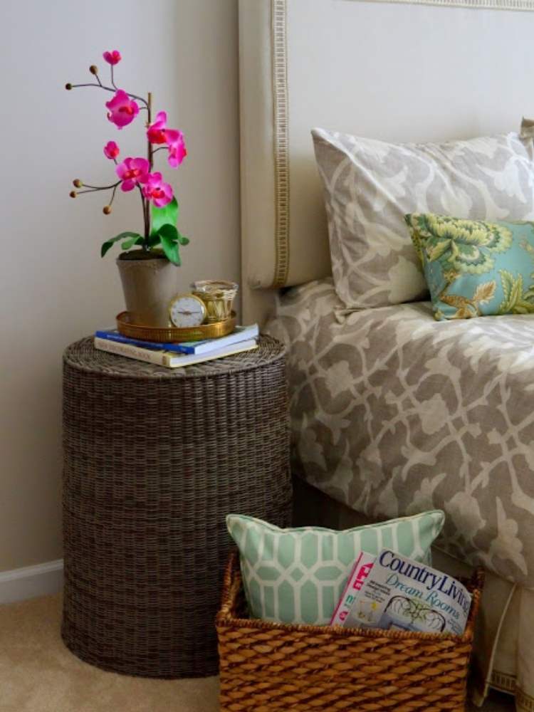 Picture of hemp laundry basket turned upside down to make a DIY nightstand