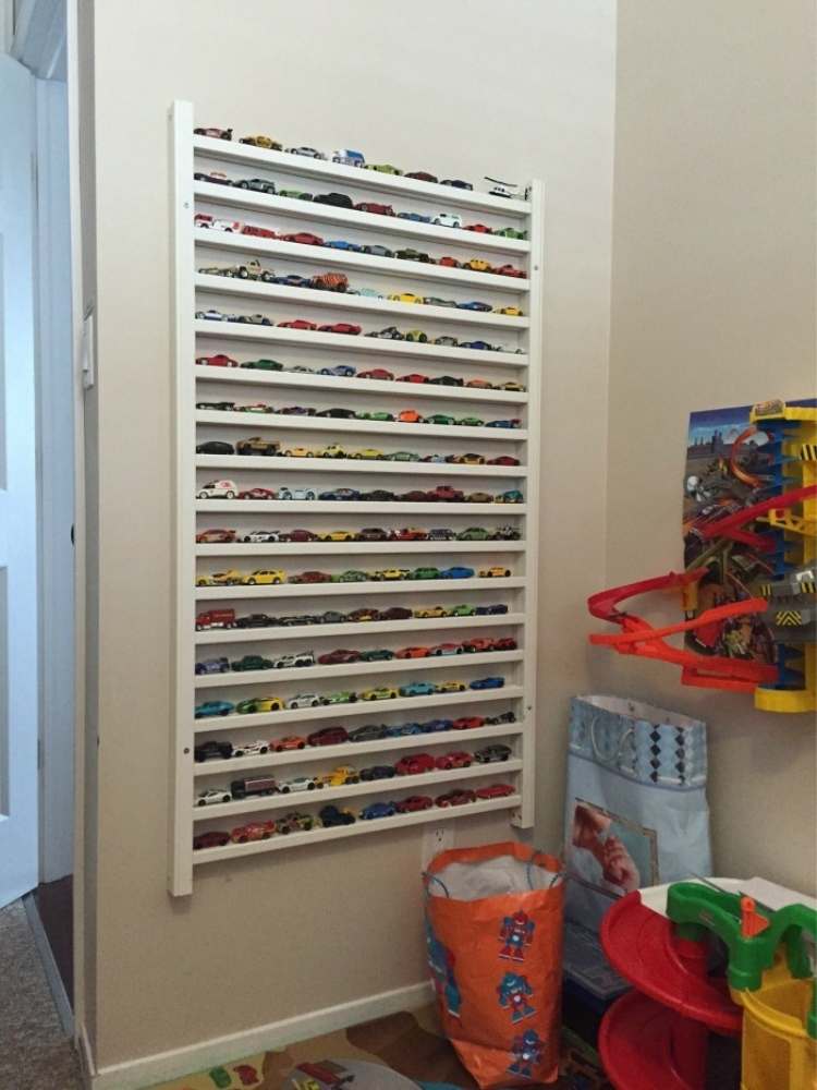 Repurpose crib to display hot wheels cars