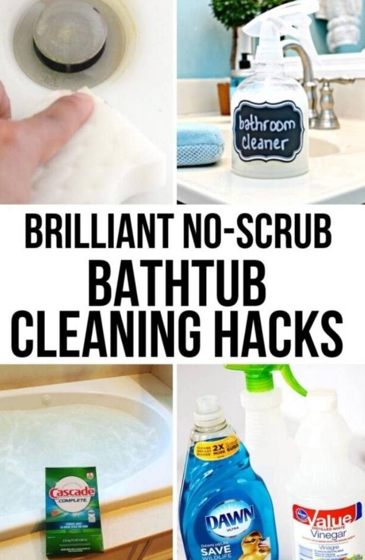 How to clean bathtub- collage of cleaning supplies, cascade, dawn, home made cleaner.