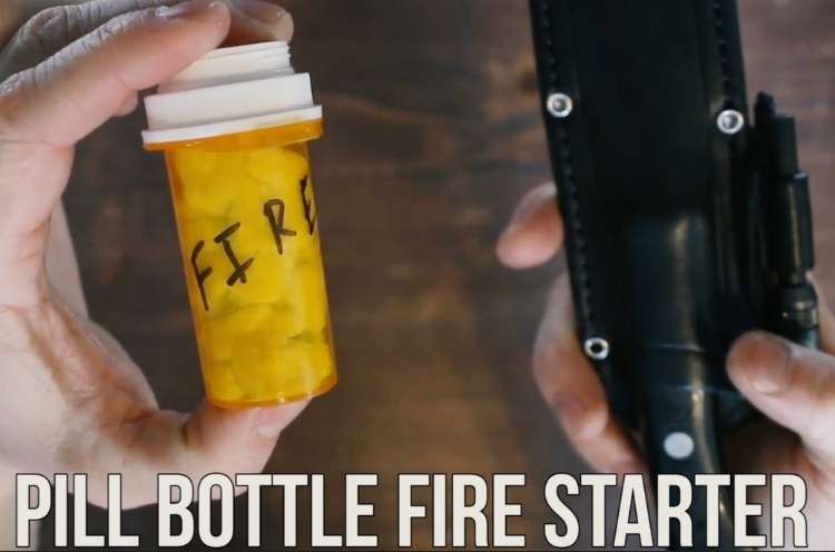 Man holding pill bottle with DIY firestarter idea for camping
