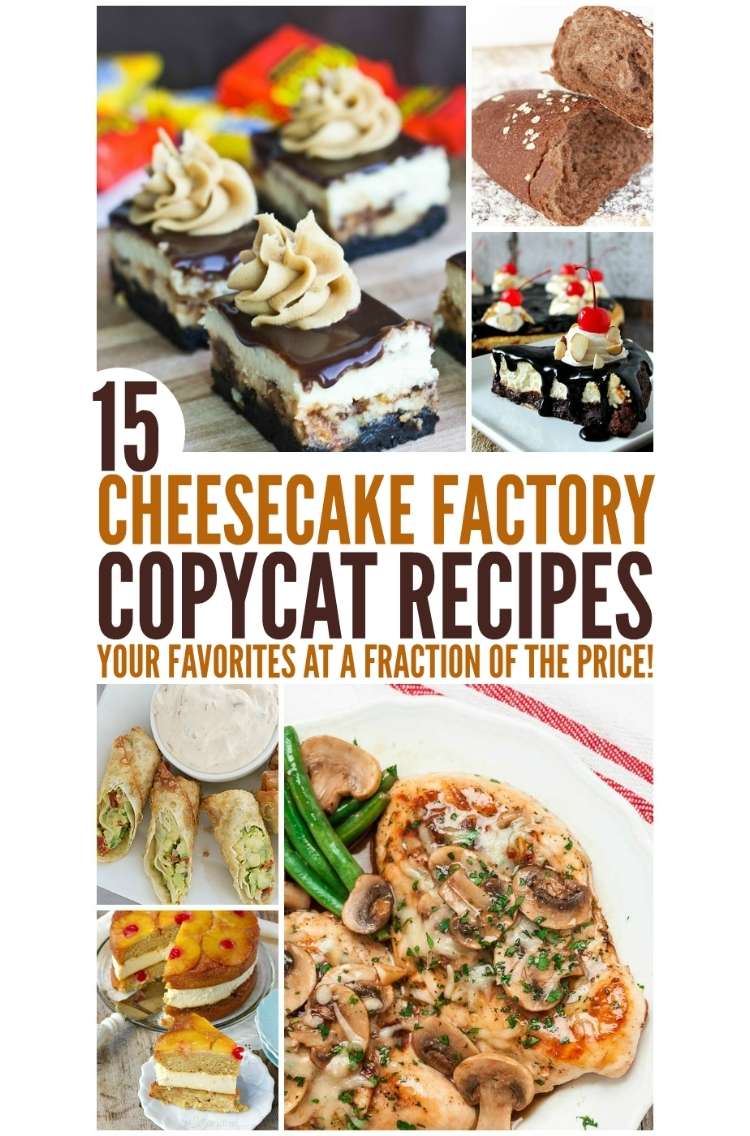 OneCrazyHouse Cheesecake Factory Copycat recipes photo college, cheesecake brownies with whipped topping, hot fudge covered cheesecake with cherry on top, chicken with mushroom sauce with green beans