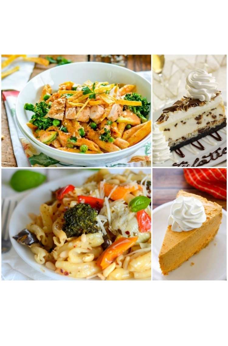 OneCrazyHouse Cheesecake Factory Copycat recipes photo collage, bowl of vegetable pasta, slice of cake and cheesecake layered cake with whipped topping, Different bowl of vegetable pasta, slice of pumpkin cheesecake with whipped topping on a plate