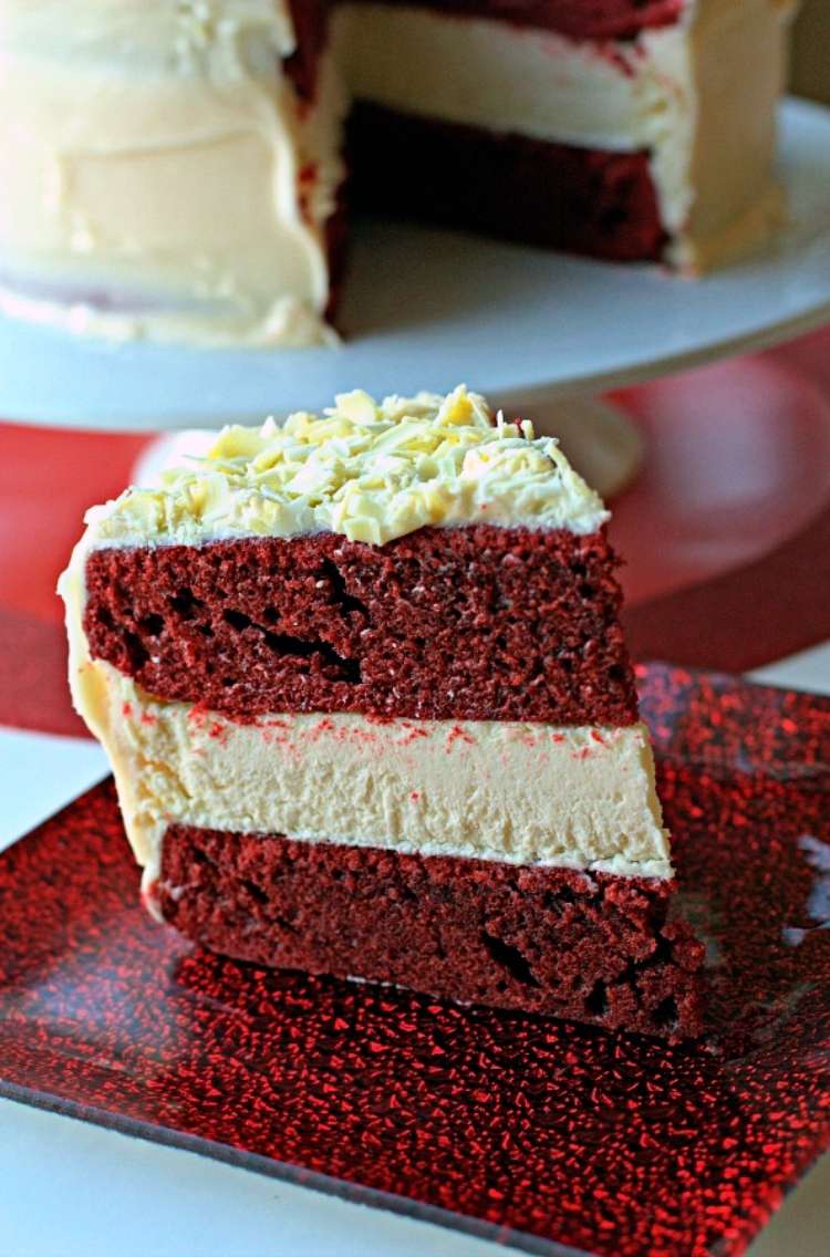 OneCrazyHouse Cheesecake Factory Copycat recipes Large slice of red velvet cheesecake on a plate